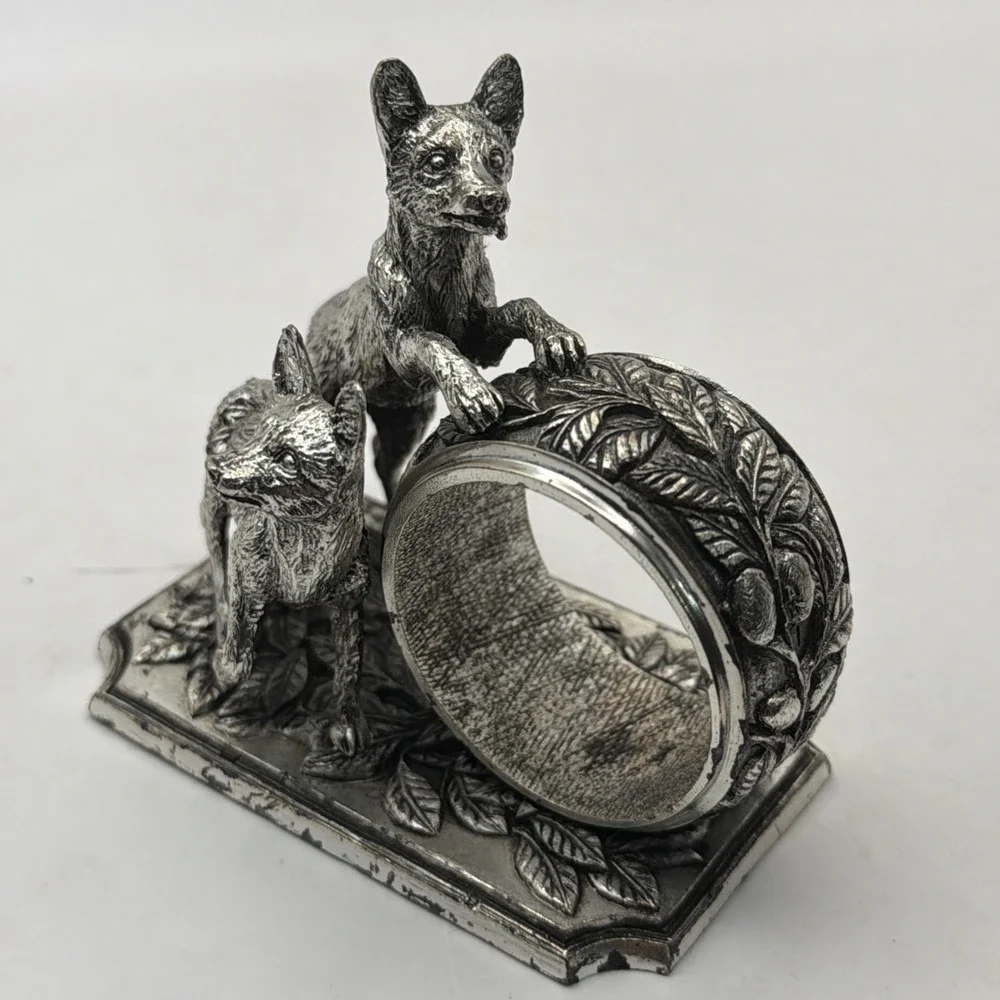 Franklin Mint Animals At Play Napkin Ring Silver Plate Canine Vintage 1977